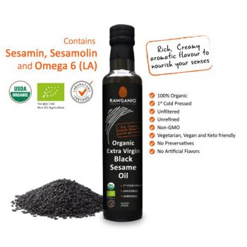 Organic Extra Virgin Black Sesame Seed Oil, Cold Pressed, Unrefined, Unfiltered 275ml