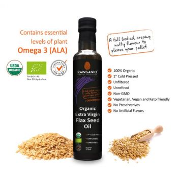 Organic Extra Virgin Golden Flaxseed Oil, Cold Pressed, Unrefined, Unfiltered 275ml