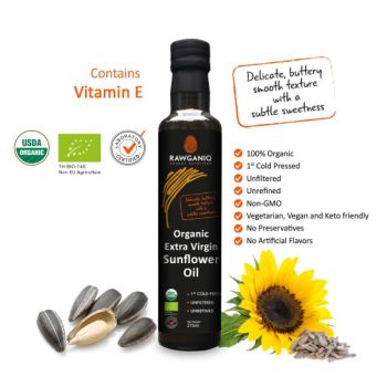 Organic Extra Virgin Sunflower Seed Oil, Cold Pressed, Unrefined, Unfiltered 275ml